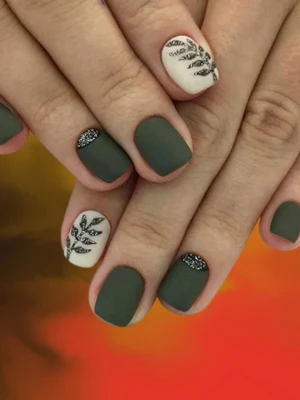 Matte Olive Green Short Simple Fall Nails With Minimal Art