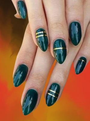 Deep Green Nails with Gold Line Art