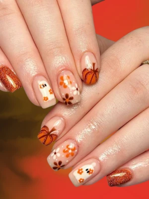 Fall Leaves Design on Clear Short Simple fall Nails