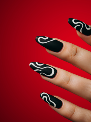 Black Nails with Abstract White Tip Art