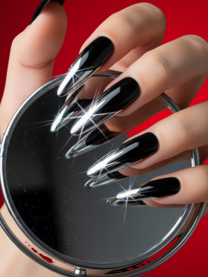 Black Nails with Chrome Tip Accents