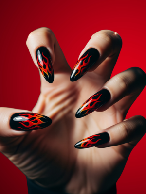 Black Nails with Red Flame Tips