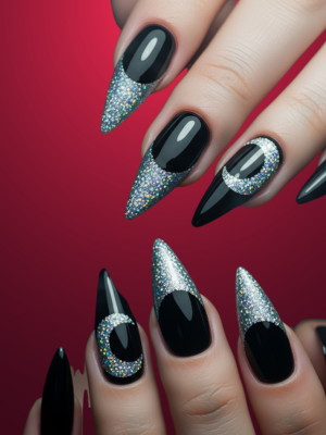 Black Nails with Sparkly Crescent Tips