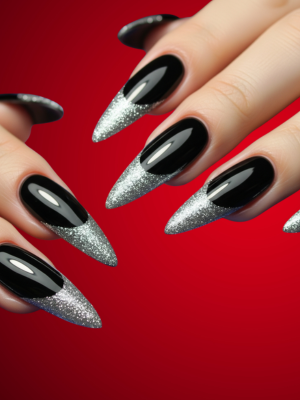Black Nails with Starry Silver Tips
