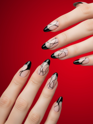 Creative Nails with Black Tips and Lines