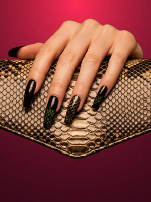 Edgy Black Nails with Snake-Skin Tips