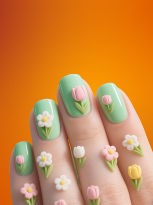 Mint Green Nails with Tiny Tulip Art