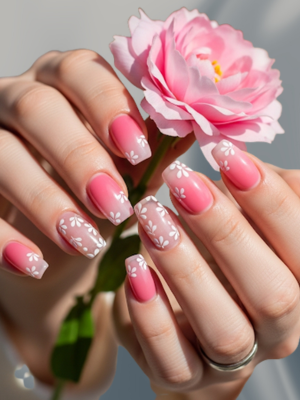 Pink Ombre Nails with White Petals