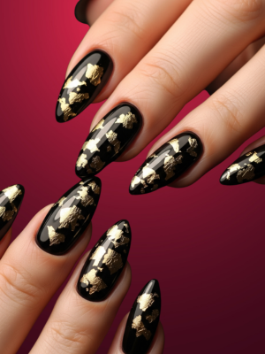 Simple Black Nail Designs with Gold Flakes