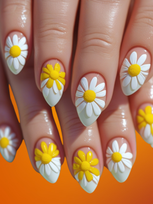 Yellow and White Daisies on Almond Nails