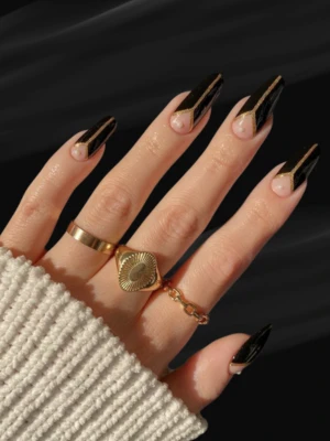 Black French Manicure with Delicate Gold Line Art