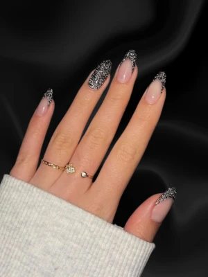 Black French Tips with Silver Glitter Accents