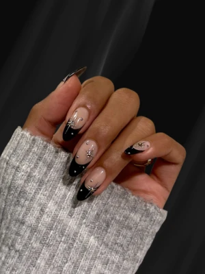 Black Sparkly French Tip Nails with Gemstones