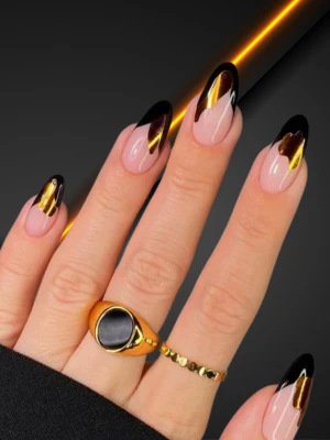 Classy Black French Nails with Gold Foil Accents