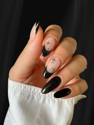 Dark Sky Black French Nails with Starry Accents