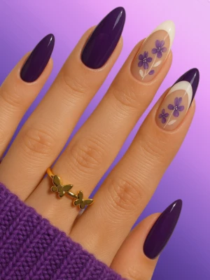 Purple Nails with Flower Nail Art