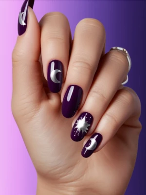 Moon and Stars Nail Art with Purple Hues