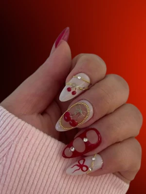 3D Cherry Accent Nails