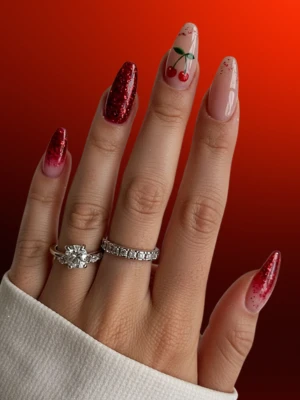 Shimmery White Nails red Cherry Art