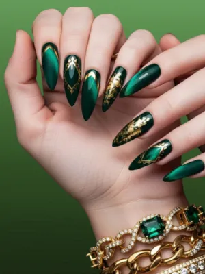 Emerald Green and Gold Nails for a Luxe Finish