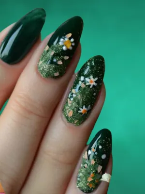 Emerald Green Nails with Nature Art