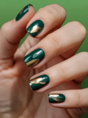 Green Nails with Gold Touch