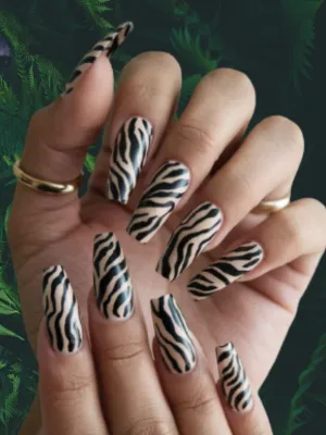 Coffin Zebra Print Nails with Metallic Details